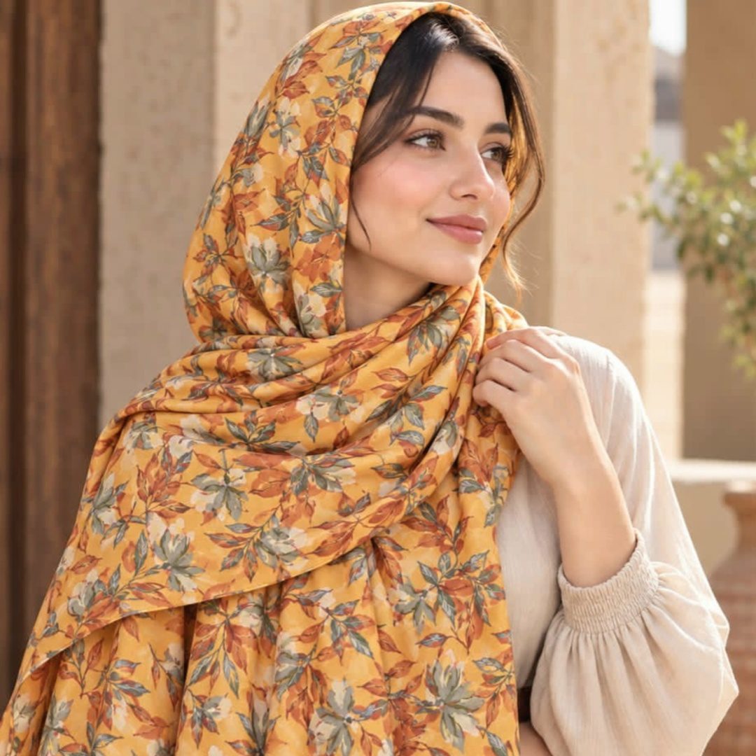 Premium Leaf Georgette Stole In Mustard