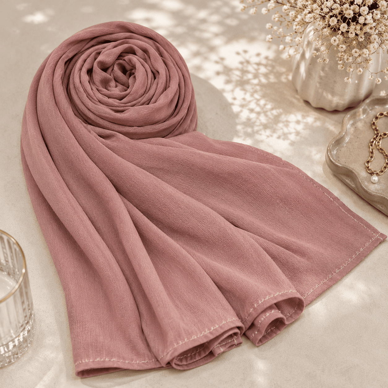 Premium Lin Crepe Hijab Scarf In Dusty Pink - Image 5