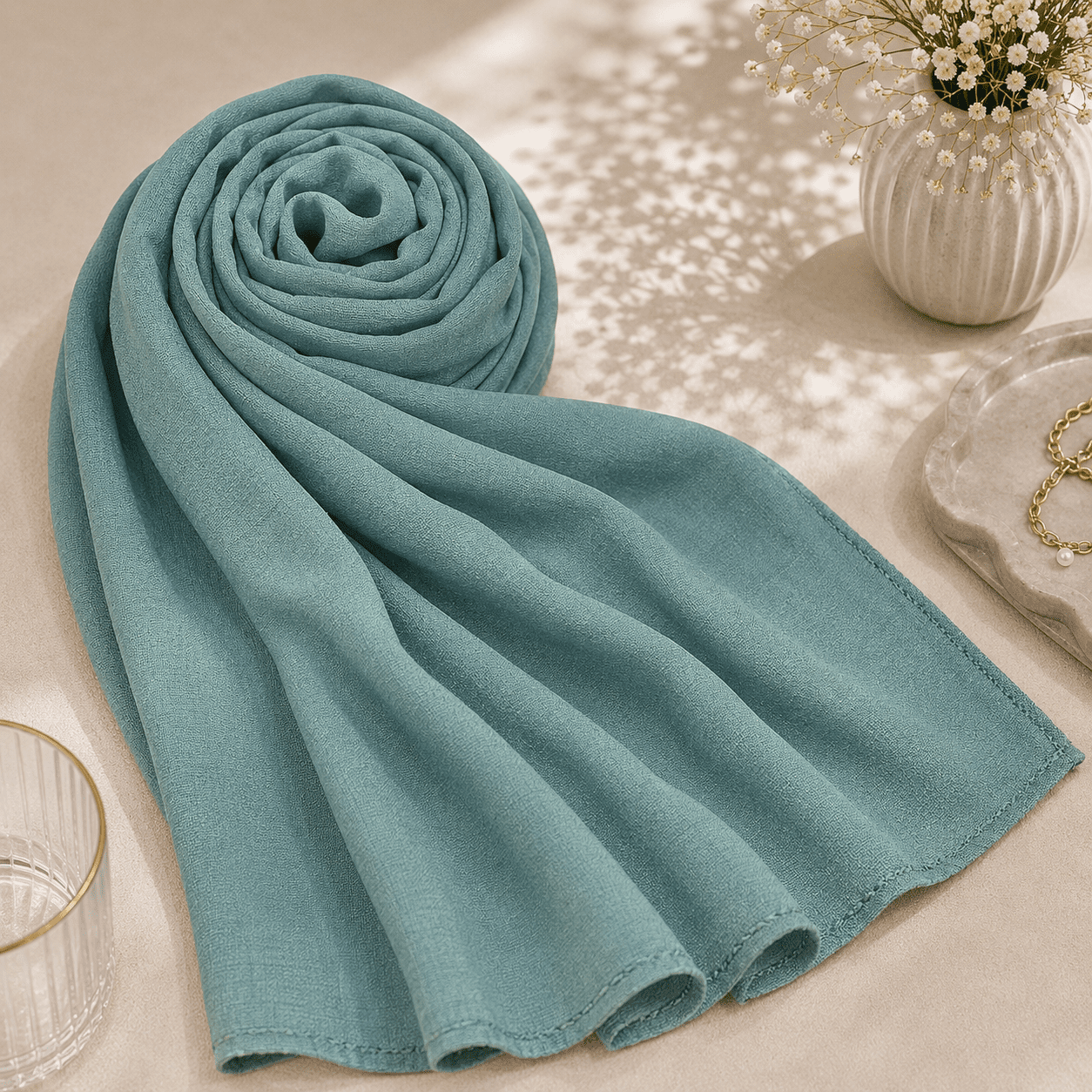 Premium Lin Crepe Hijab Scarf In Matte Green - Image 5