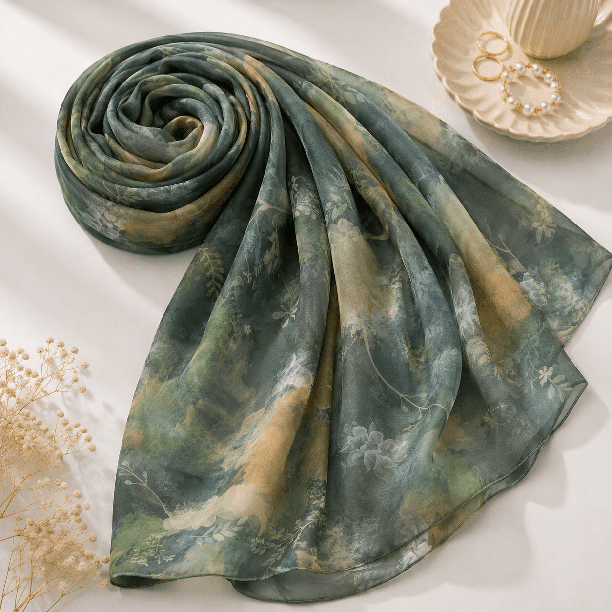 Royal Georgette Hijab Scarf – Forest Theme - Image 4
