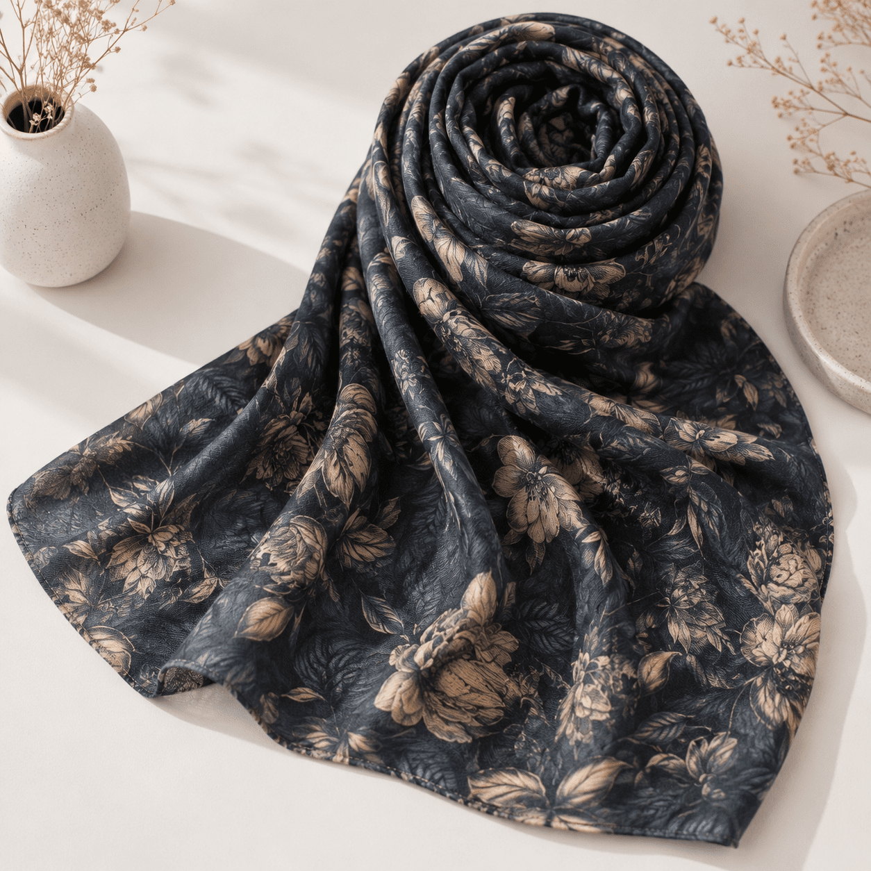 Premium Floral Pashmina Hijab Scarf In Black - Image 4