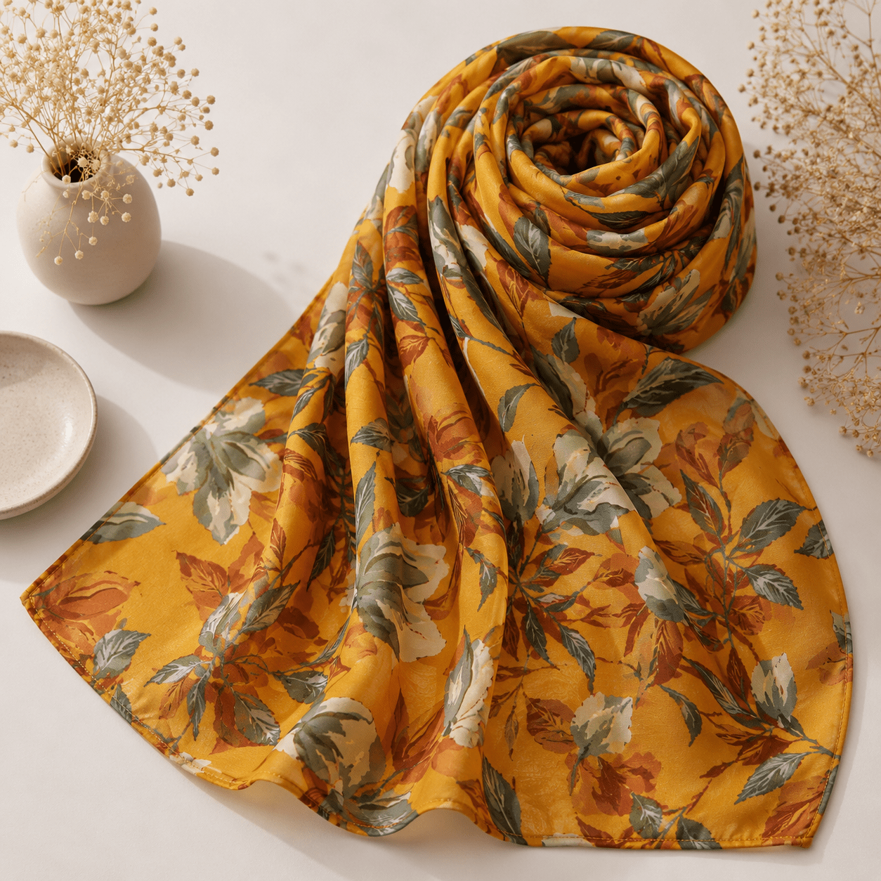Premium Leaf Georgette Hijab Scarf In Mustard - Image 4