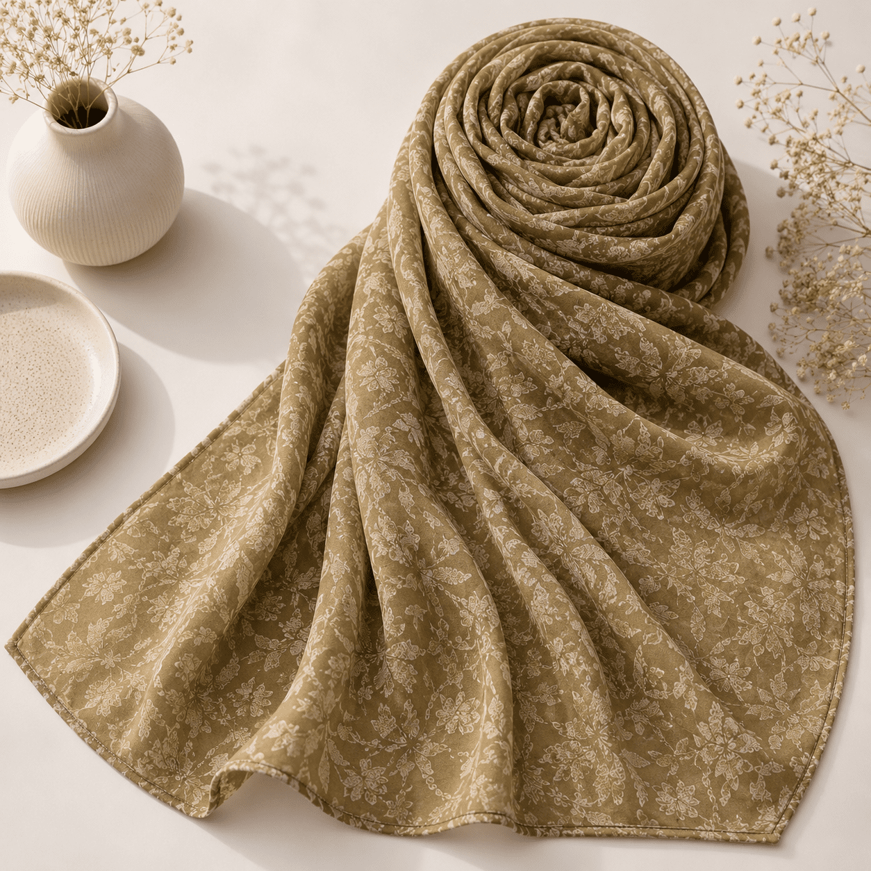 Premium Printed Chiffon Hijab Scarf In Khakee & Olive - Image 4