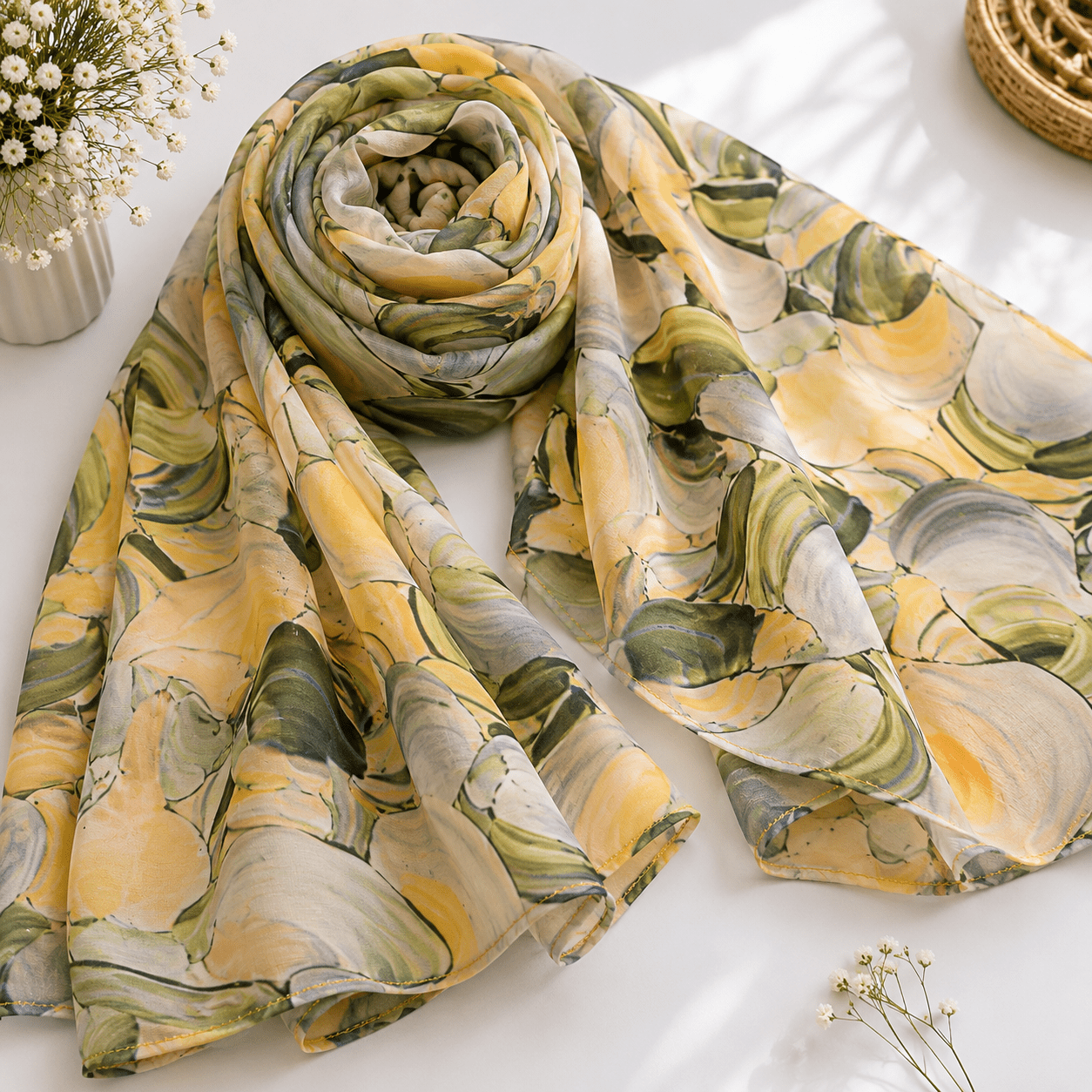 Premium Georgette Hijab Scarf In Yellow and Green - Image 4
