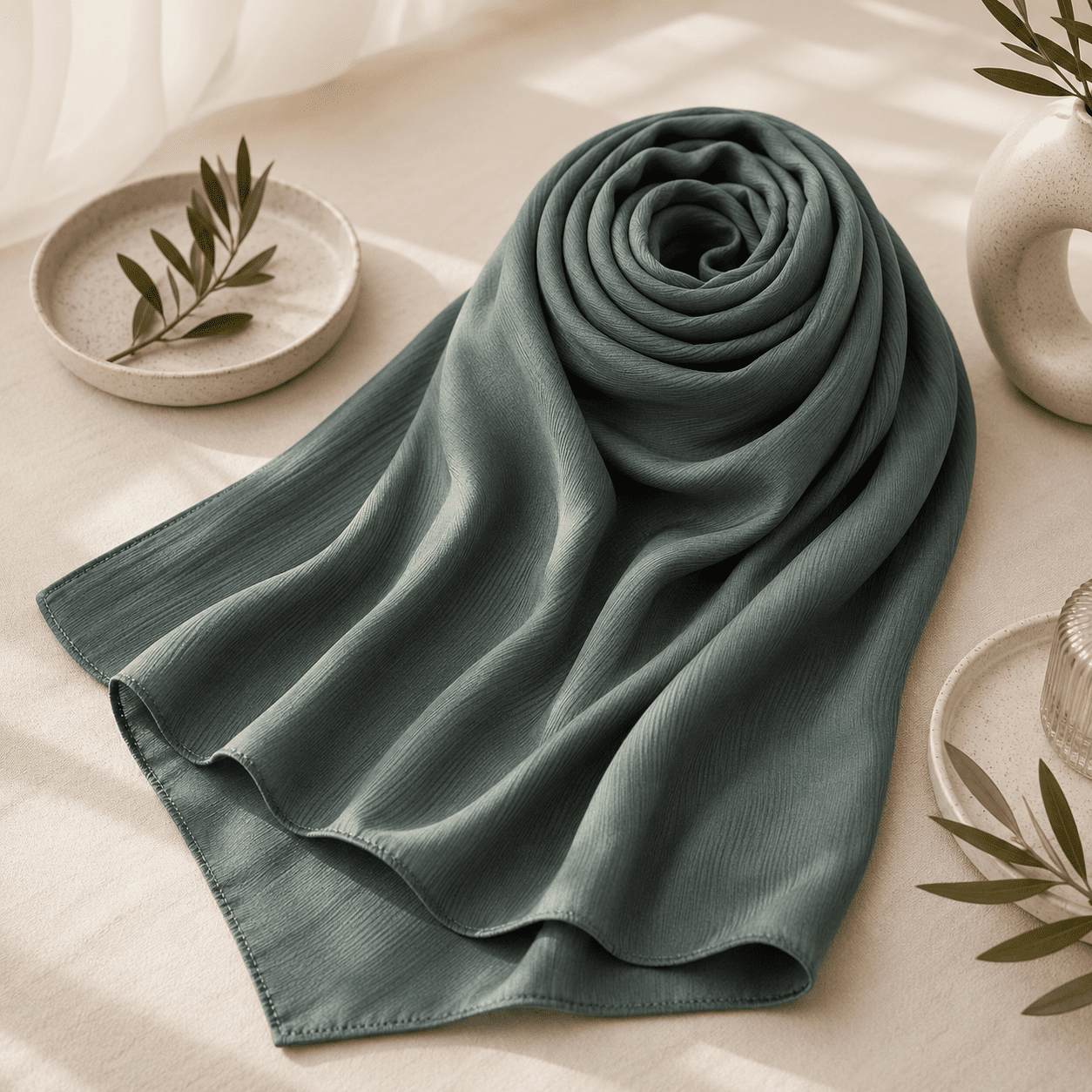 Premium Wave Satin Hijab Scarf In Dusty Green - Image 4