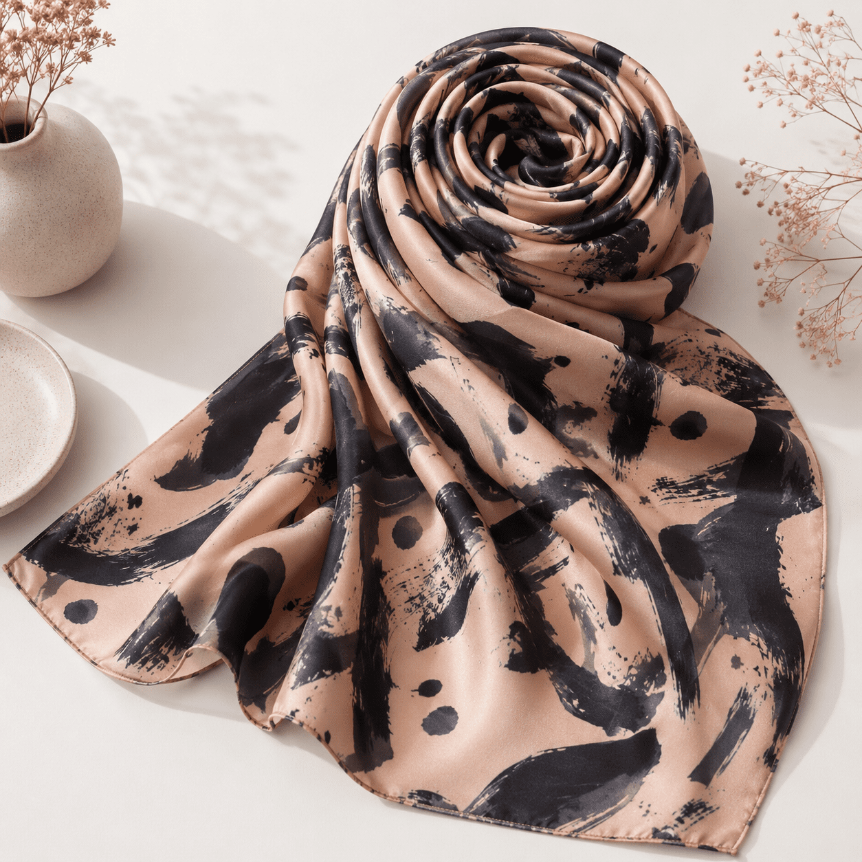 Premium Satin Georgette Hijab Scarf In Peach & Black - Image 4