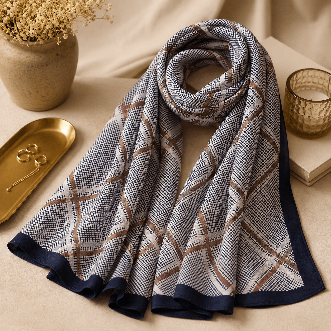 Premium Cotton Viscose Boho Diamond Print Stole In Blue - Image 2
