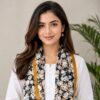 Luxury Silk Satin Rose Butterfly Print Stole in Yellow Black