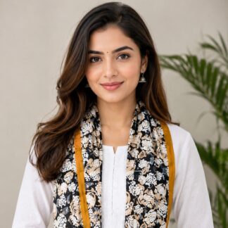 Luxury Silk Satin Rose Butterfly Print Stole in Yellow Black