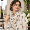 Crème Cotton Scarf With Black Floral Embroidery