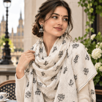 Crème Cotton Scarf With Black Floral Embroidery